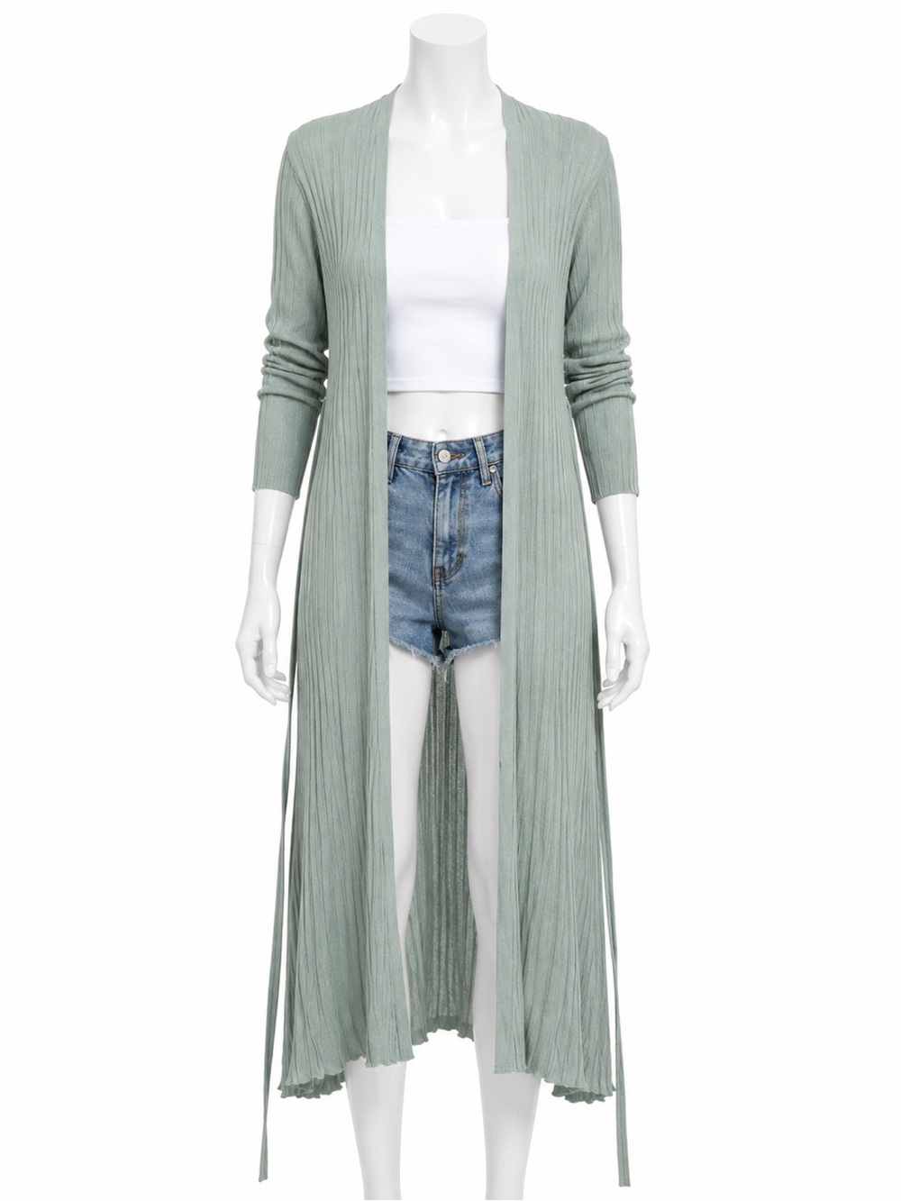 Love Token Sage Green Ribbed Duster Cardigan XS Long Open Front Knit - Picture 3 of 9